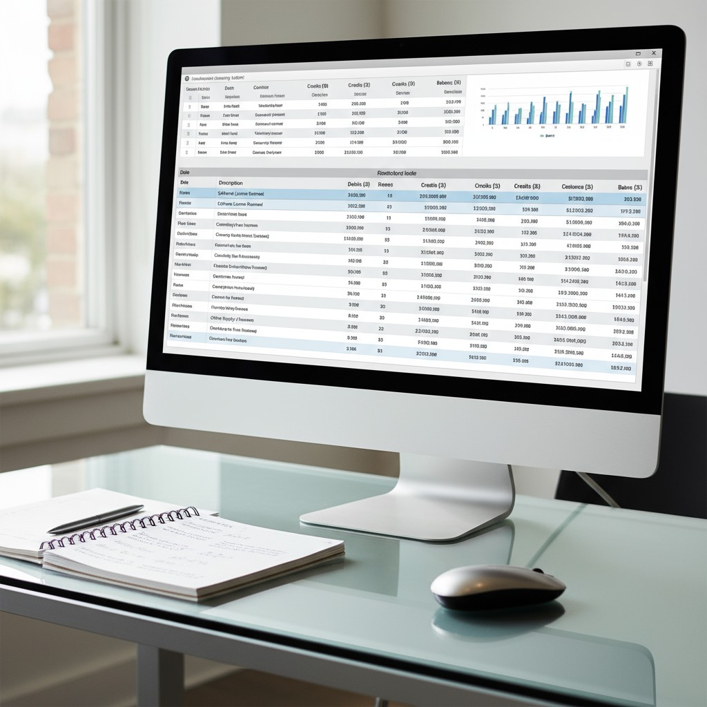A computer monitor displays a large table of data, with the monitor sitting on a clear glass desk. Other items are positio...