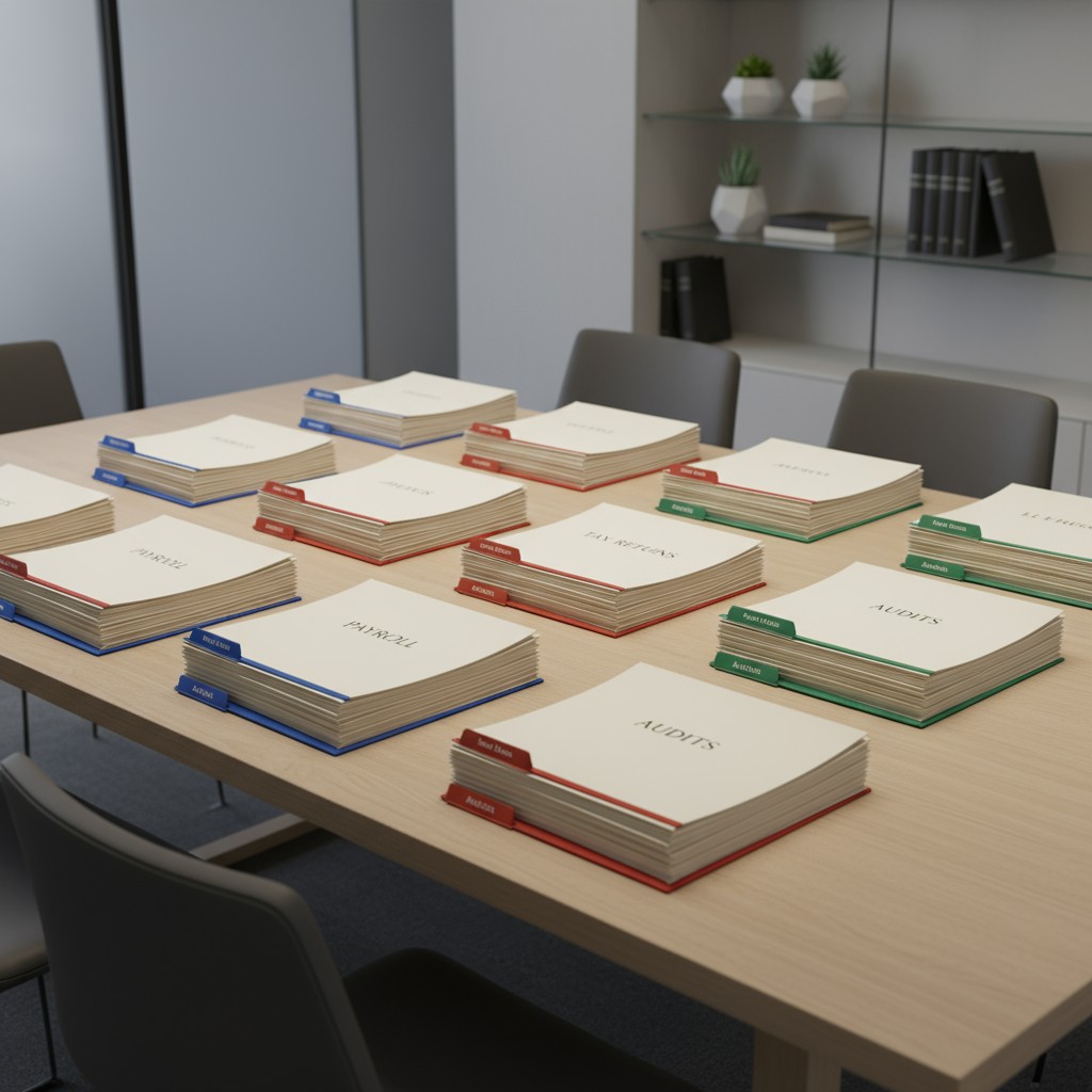 A table with stacks of files, likely used for organizing and categorizing papers in a workplace setting.