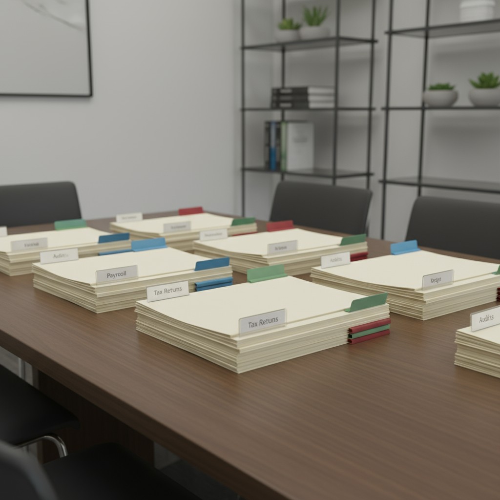 Stacks of stacked files with tabs. Presents are labeled payrool, tax returns, audits etc. In a office meeting room environ...