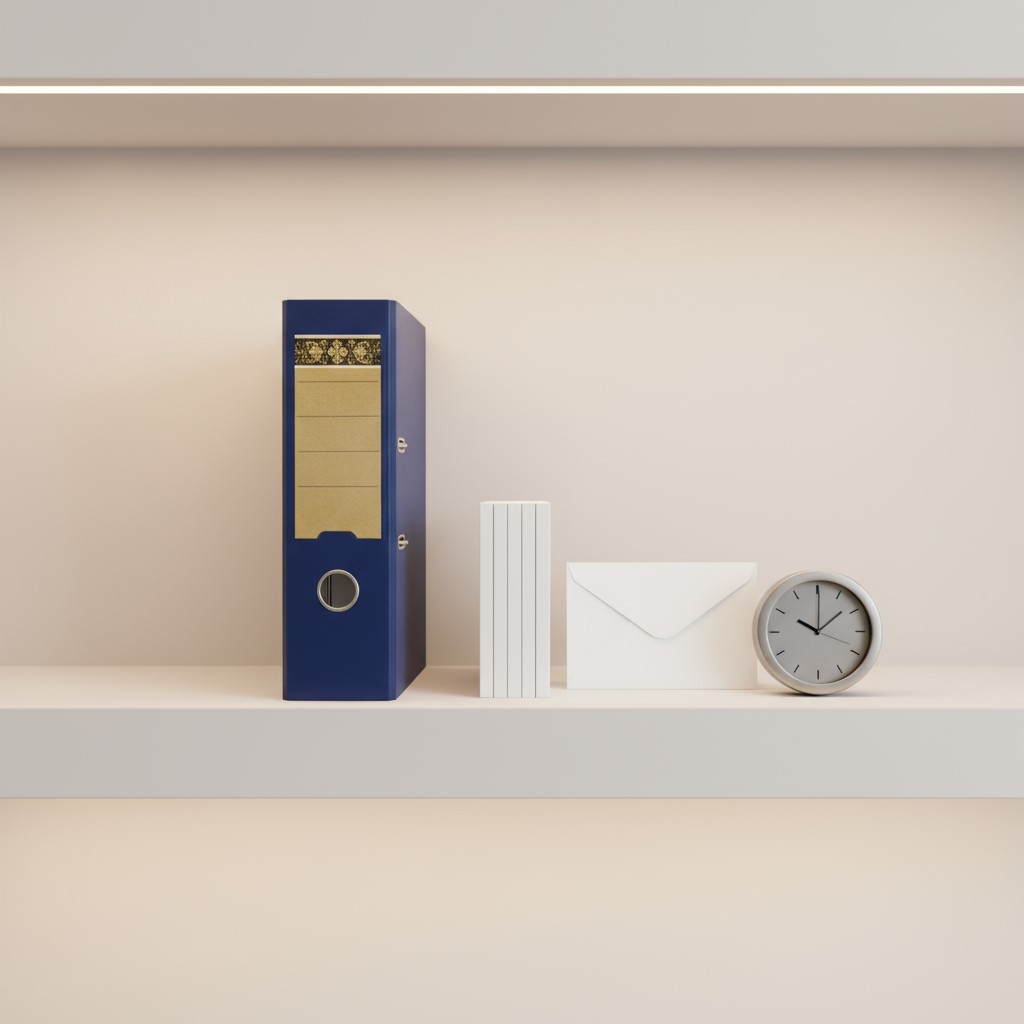 An office shelf displaying a blue 3-ring binder, white envelopes, and a silver clock.